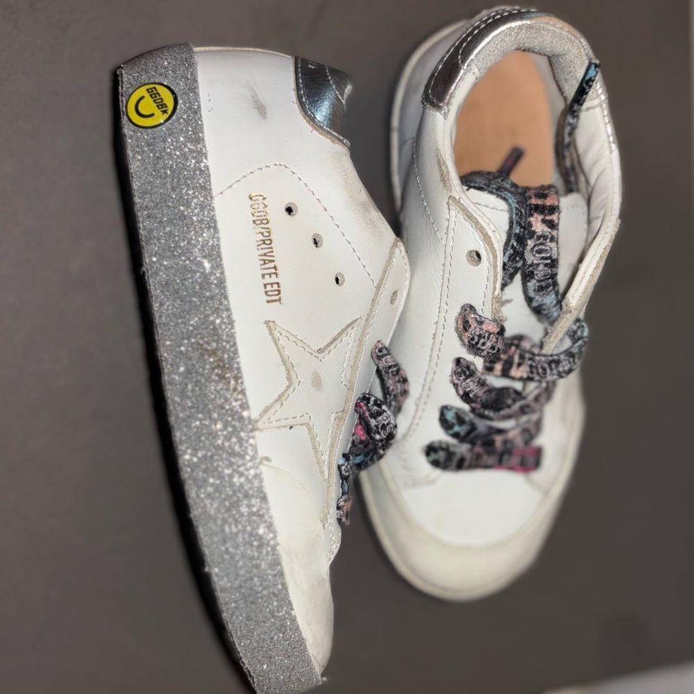 Golden Goose White and Silver Glitter Sneakers